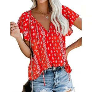 Women's Boho Floral V-Neck Short Sleeve Summer Blouse XL